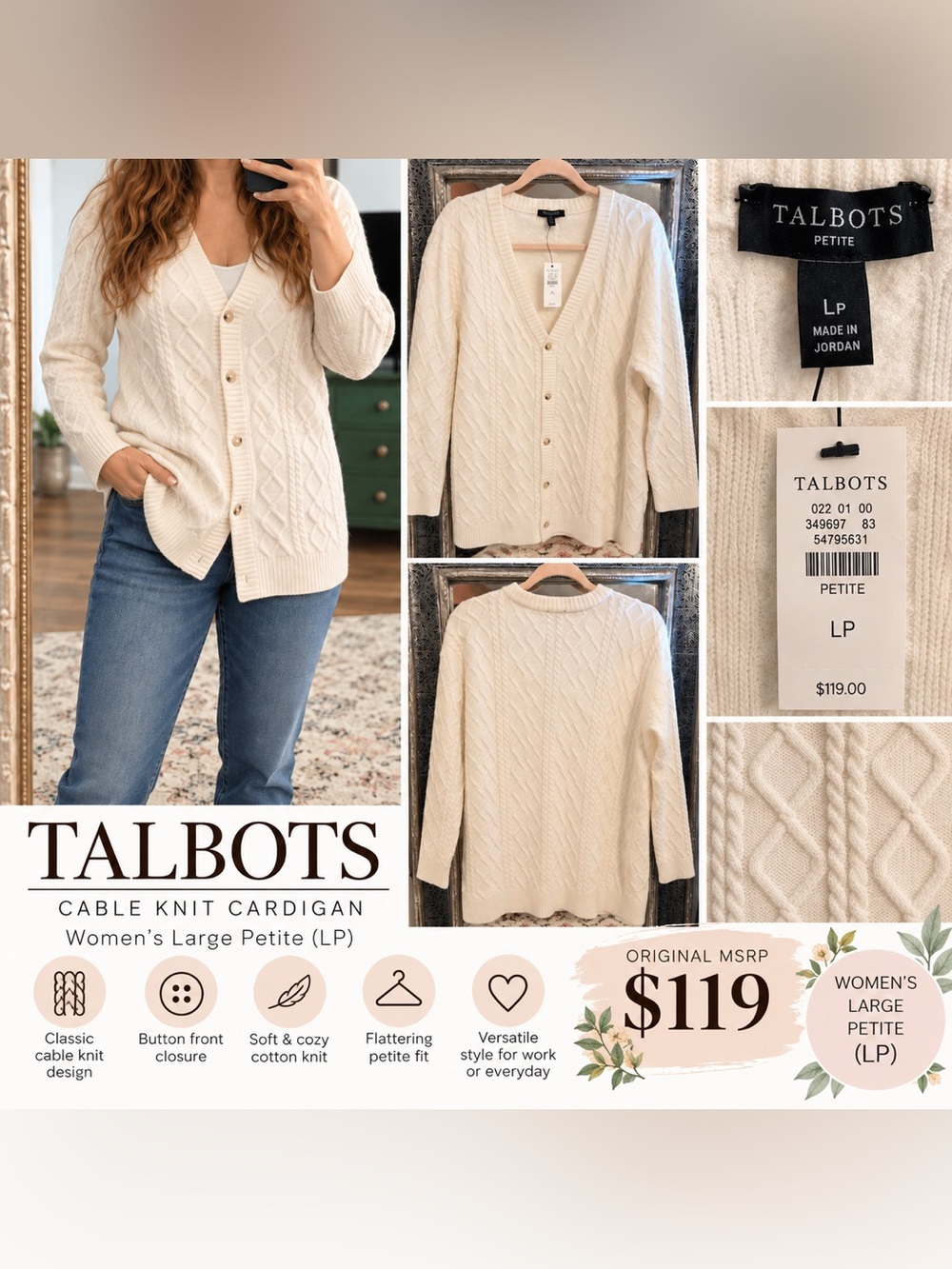Talbots Cream Cable-Knit Button Front Cardigan Sweater